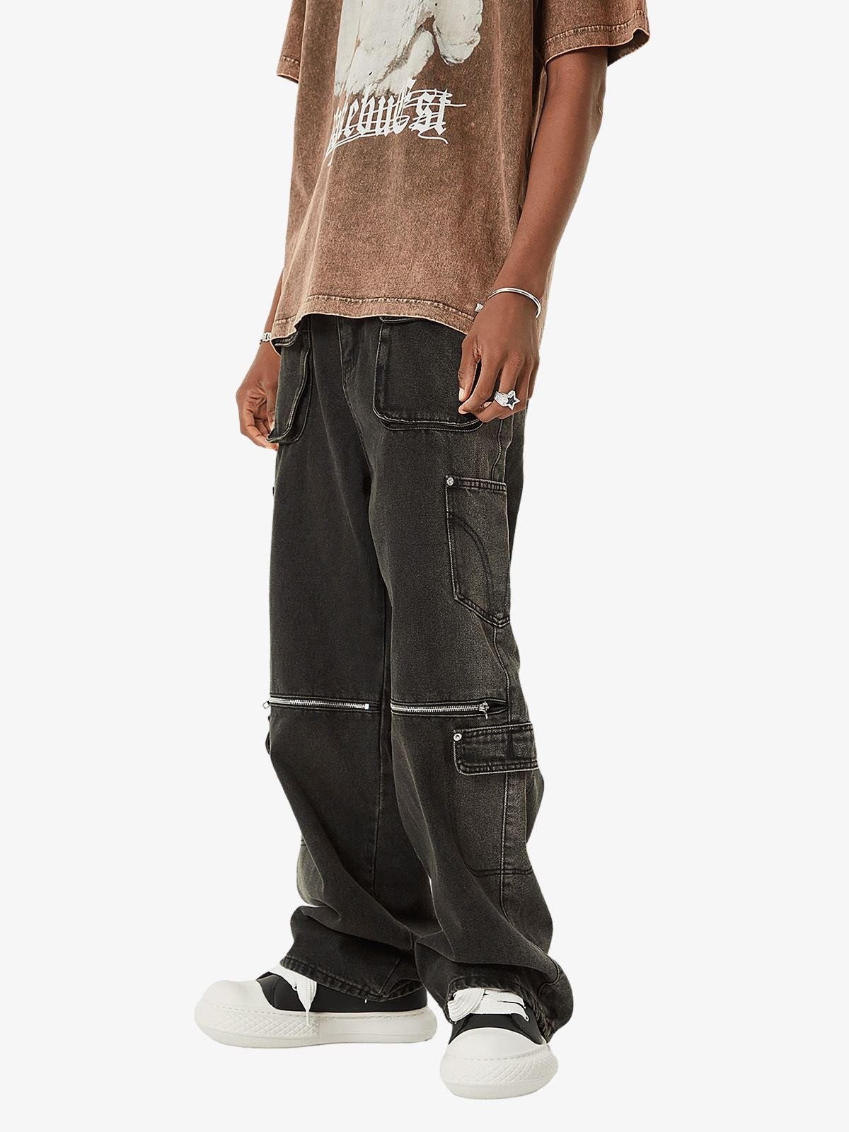 Multi-pocket Zipper Design Washed Hip-Hop Jeans