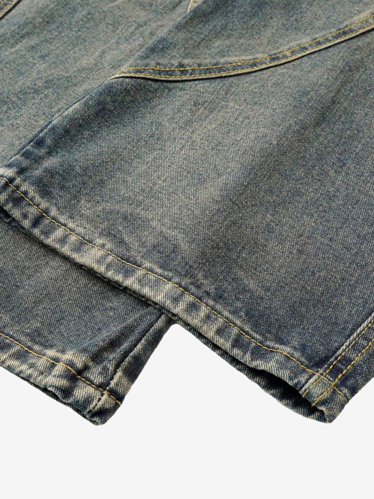Washed Distressed Split Drawstring Barrel Jeans