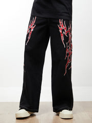 Contrast Flame Embroidered Baggy Jeans