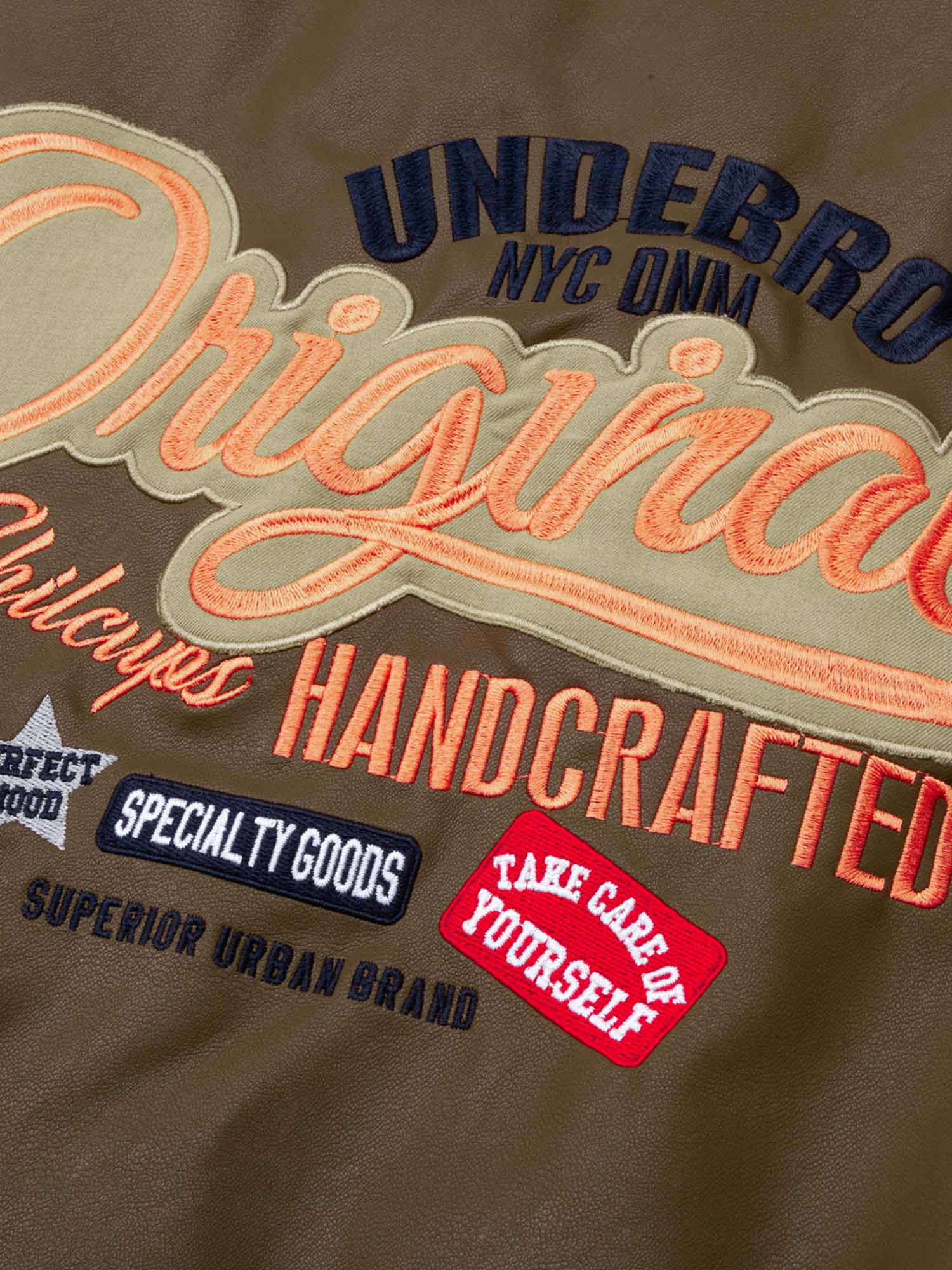 Lettering Embroidered Leather Bomber Jacket