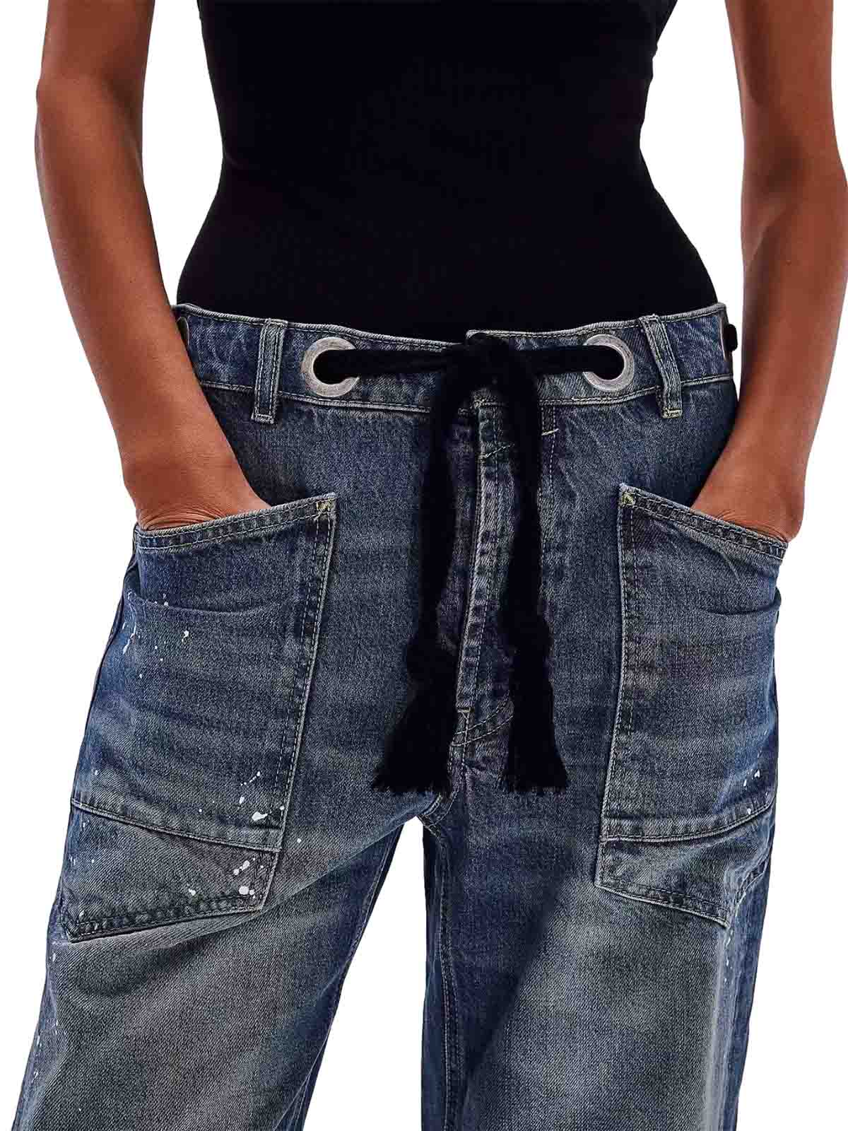Drawstring Denim Patch Washed Jeans