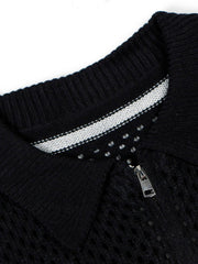 Jacquard Mesh Knit Zipper Polo Sweater