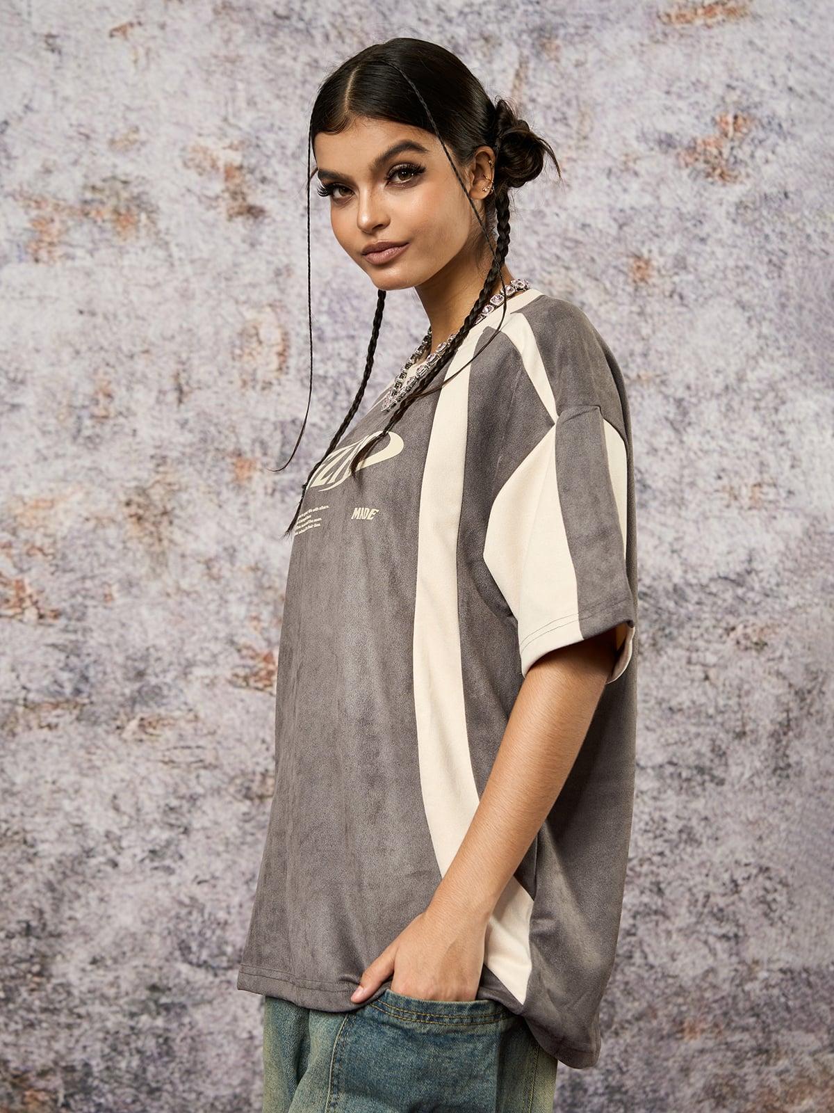 Jersey Deconstructed Contrast Color Stitching Print T-Shirt