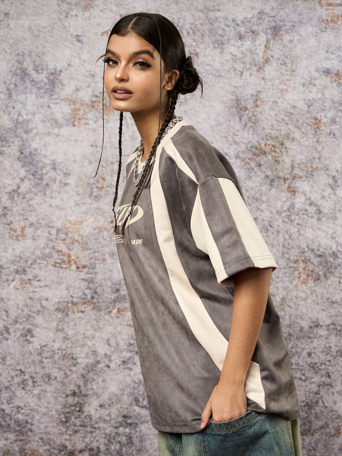 Jersey Deconstructed Contrast Color Stitching Print T-Shirt
