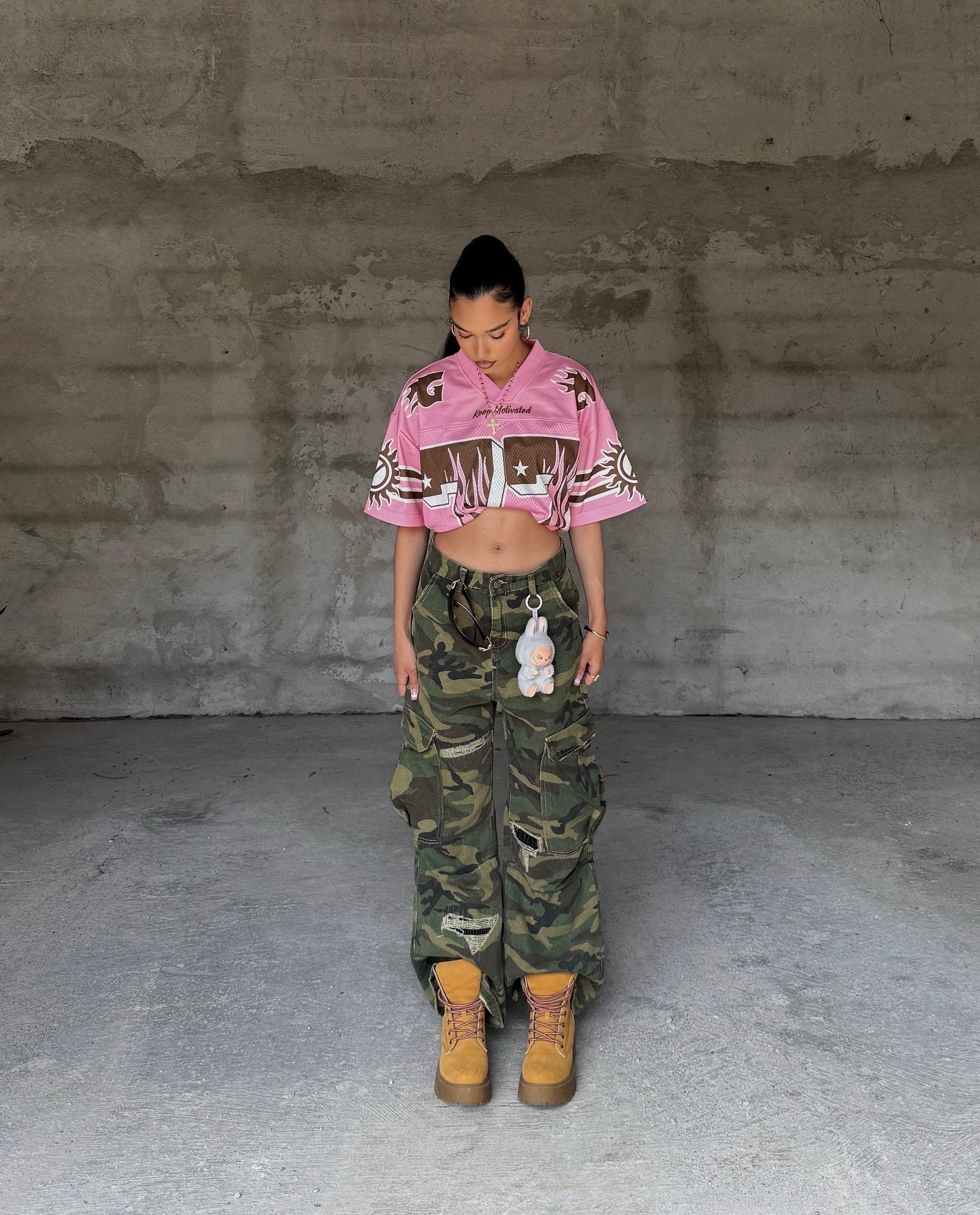 Woven Ripped Camouflage Flared Cargo Pants