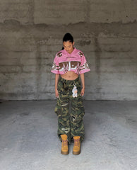 Woven Ripped Camouflage Flared Cargo Pants