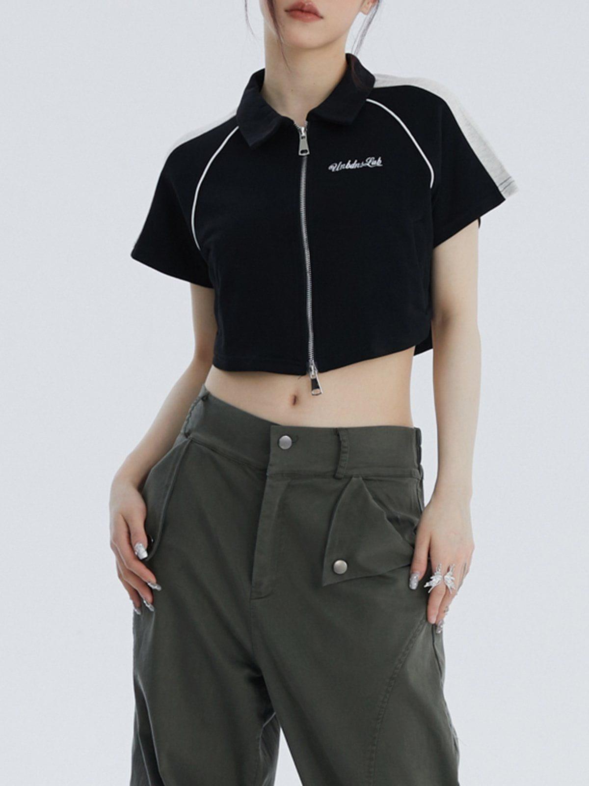Lapel Zipper Colorblock Tee