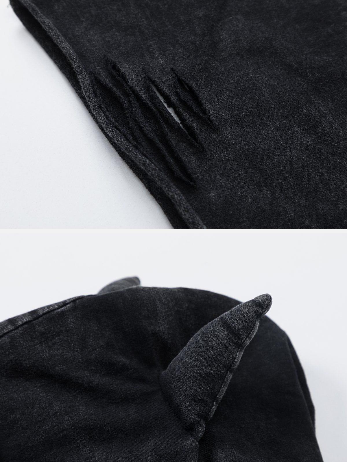 Letter Print Ripped Hooded Tee