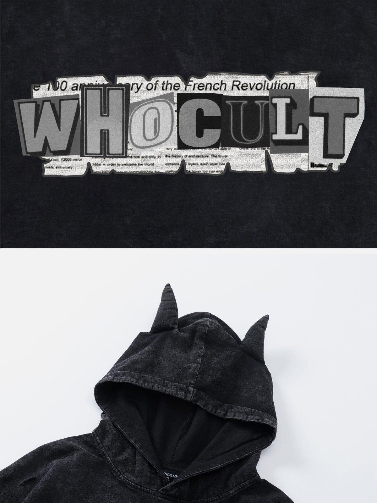 Letter Print Ripped Hooded Tee