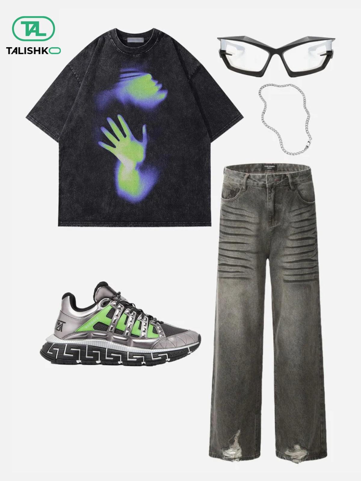 Line Print Washed Loose Jeans