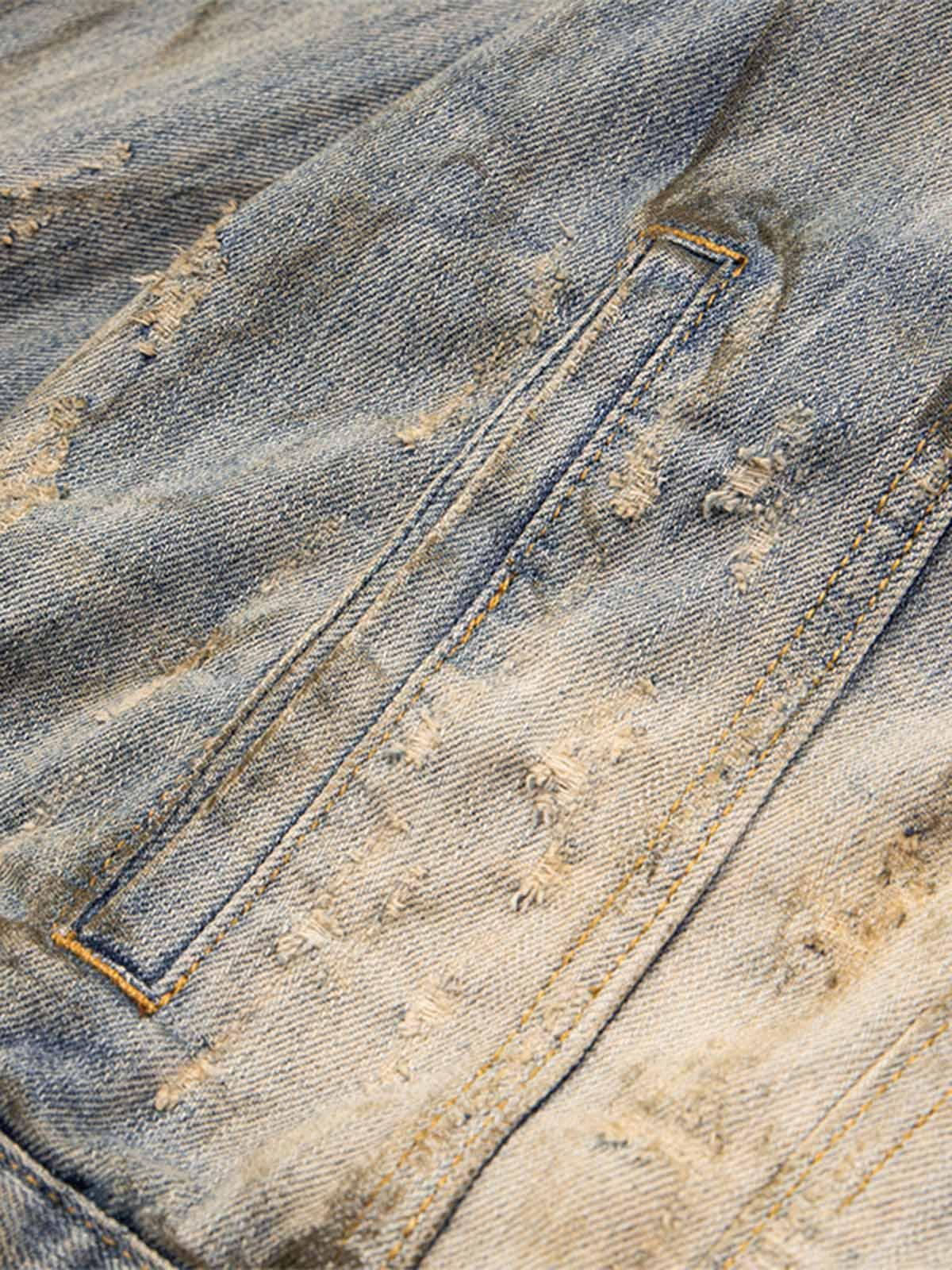Mud-Dyed Distressed Rhinestone Denim Jacket