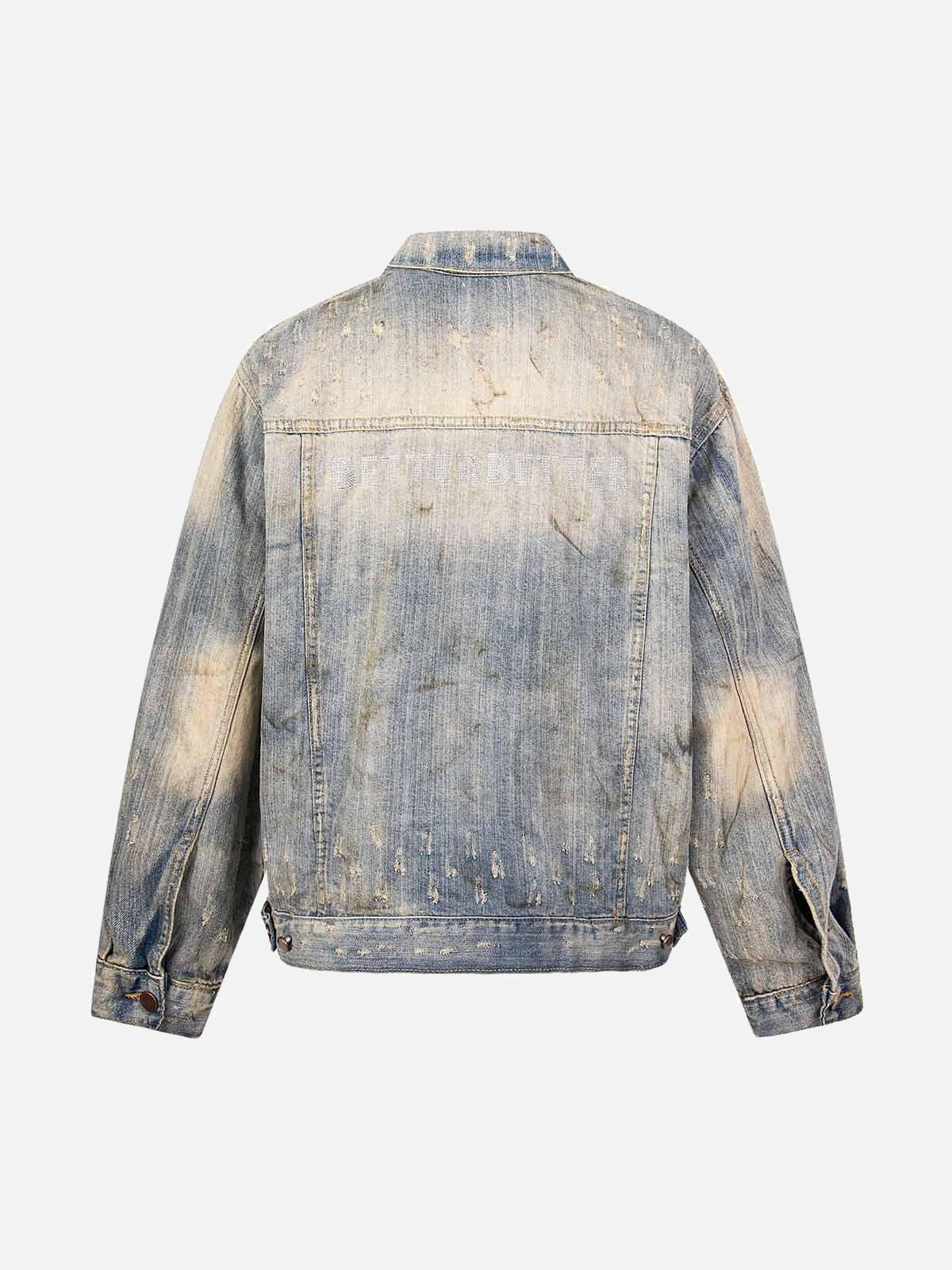 Mud-Dyed Distressed Rhinestone Denim Jacket