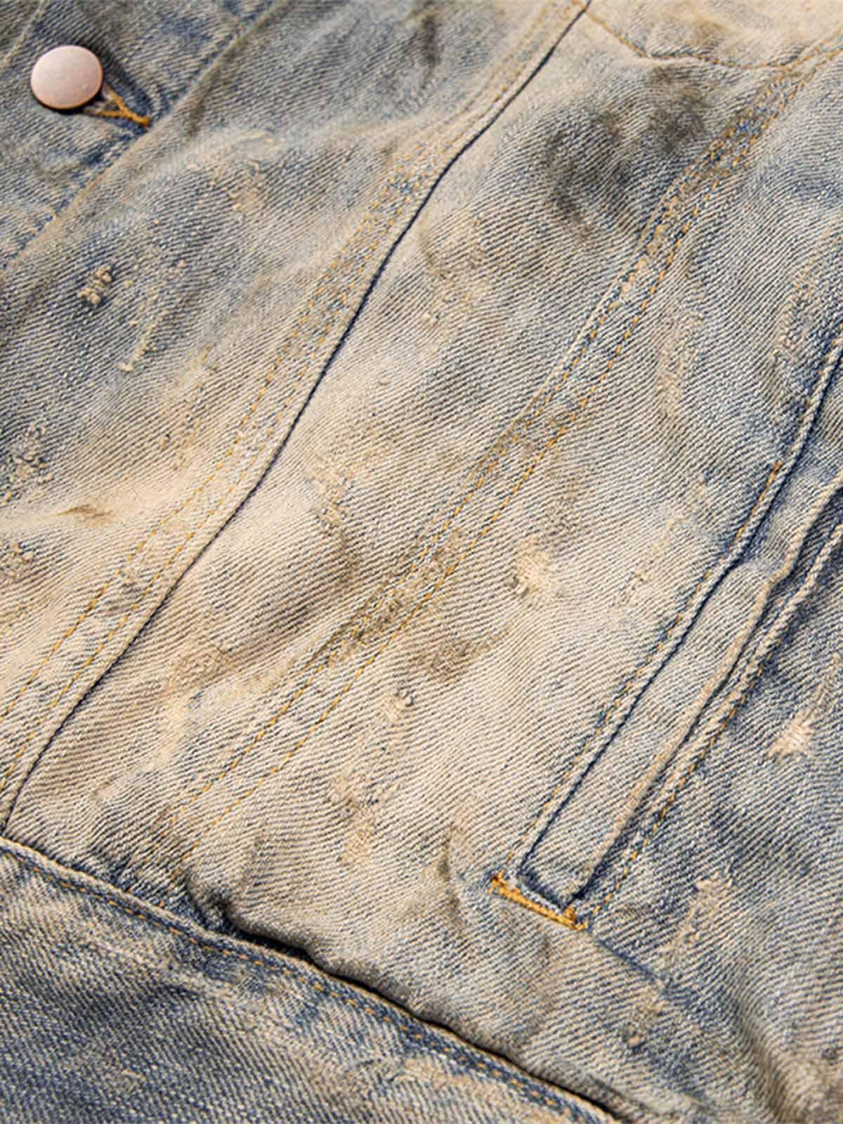 Mud-Dyed Distressed Rhinestone Denim Jacket