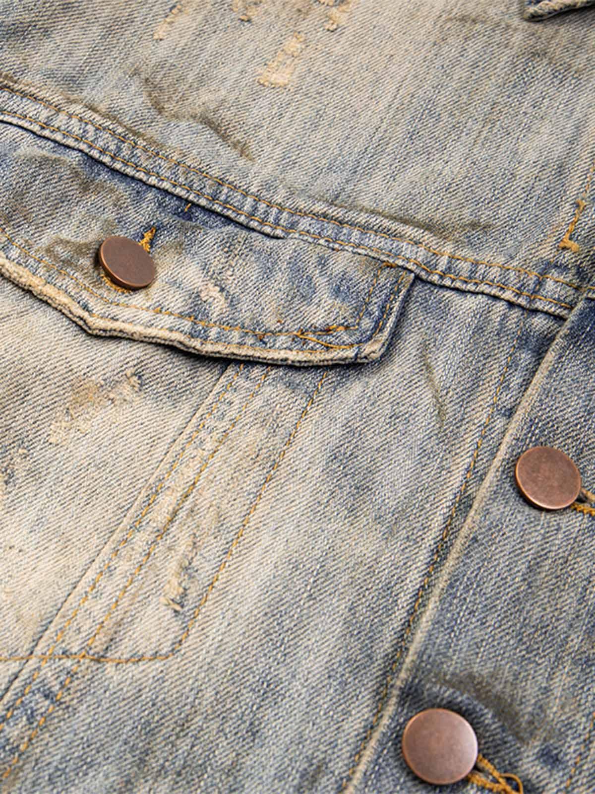 Mud-Dyed Distressed Rhinestone Denim Jacket