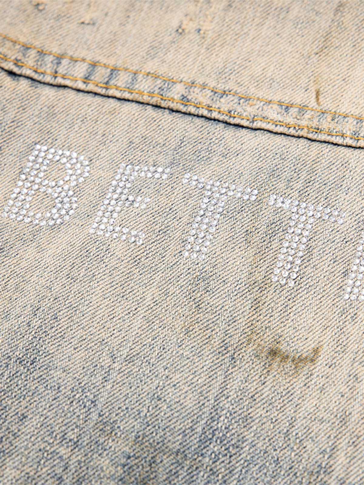 Mud-Dyed Distressed Rhinestone Denim Jacket