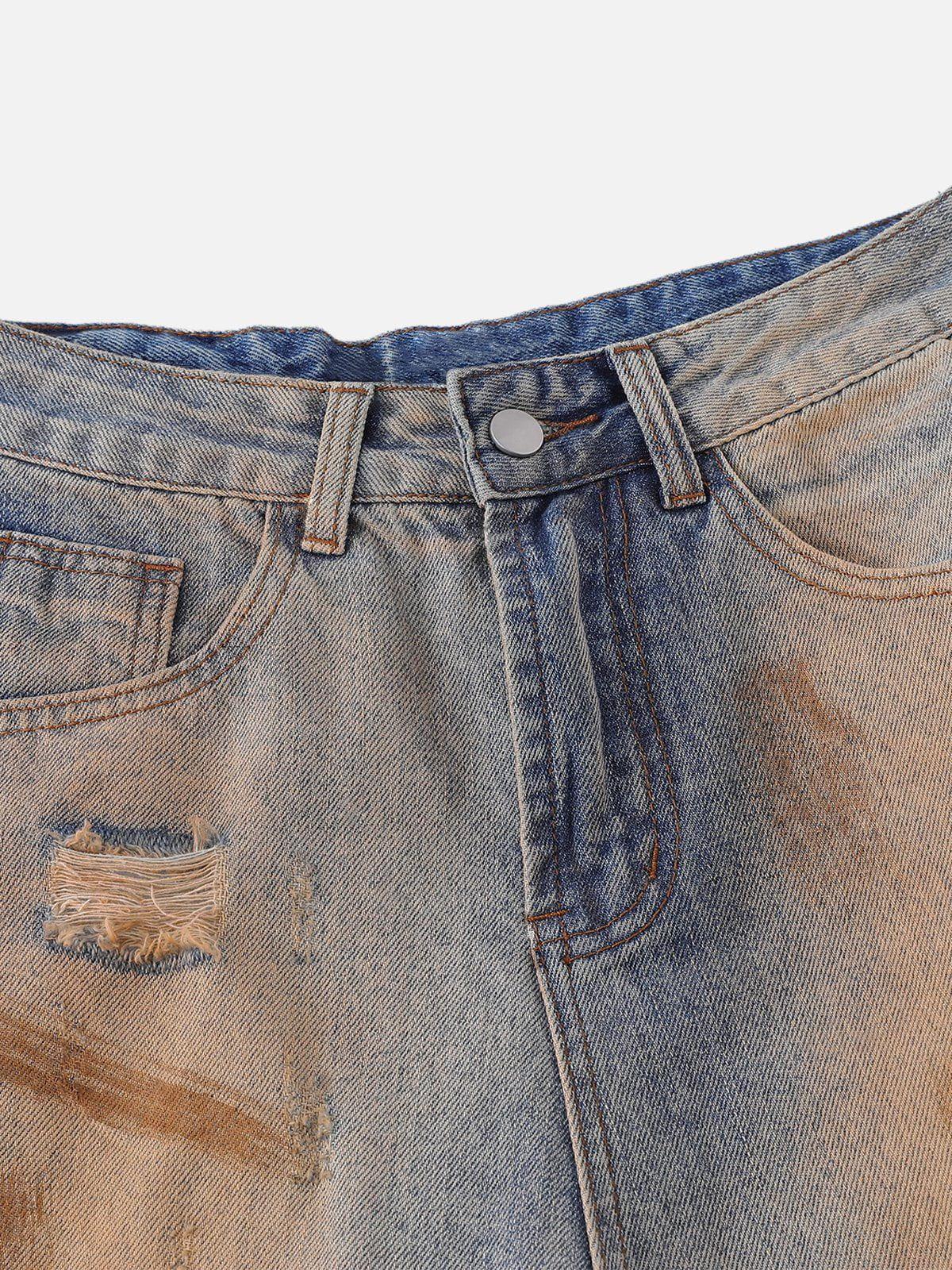 Mud Dyeing Distressed Jeans