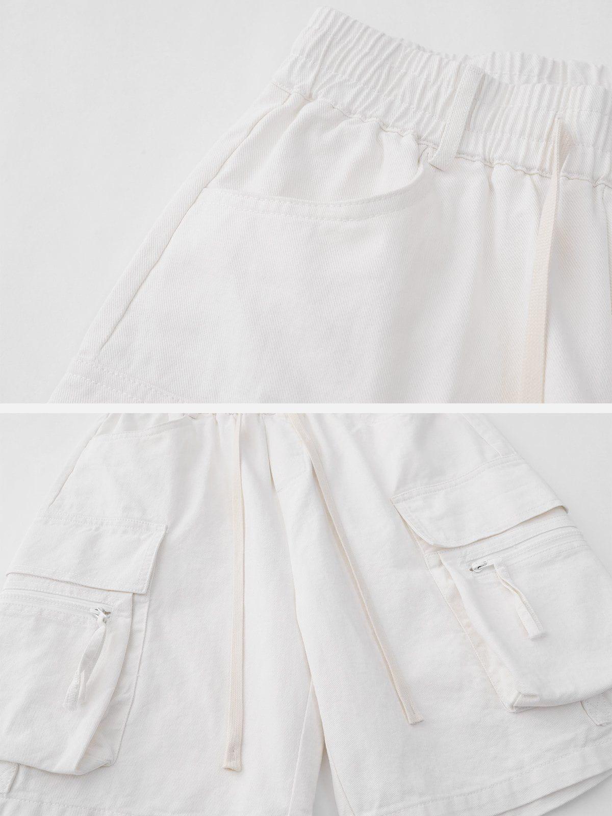 Multi-Pocket Cargo Solid Drawstring Shorts