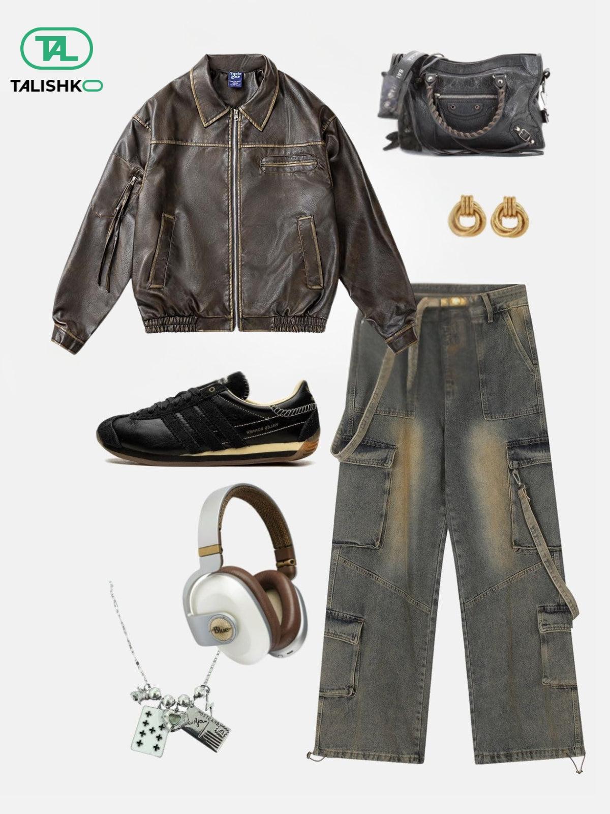 Multi Pocket Faux Leather Cropped Jacket