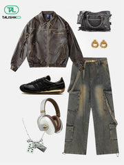 Multi Pocket Faux Leather Cropped Jacket