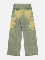 Multi Pocket Fringe Washed Jeans