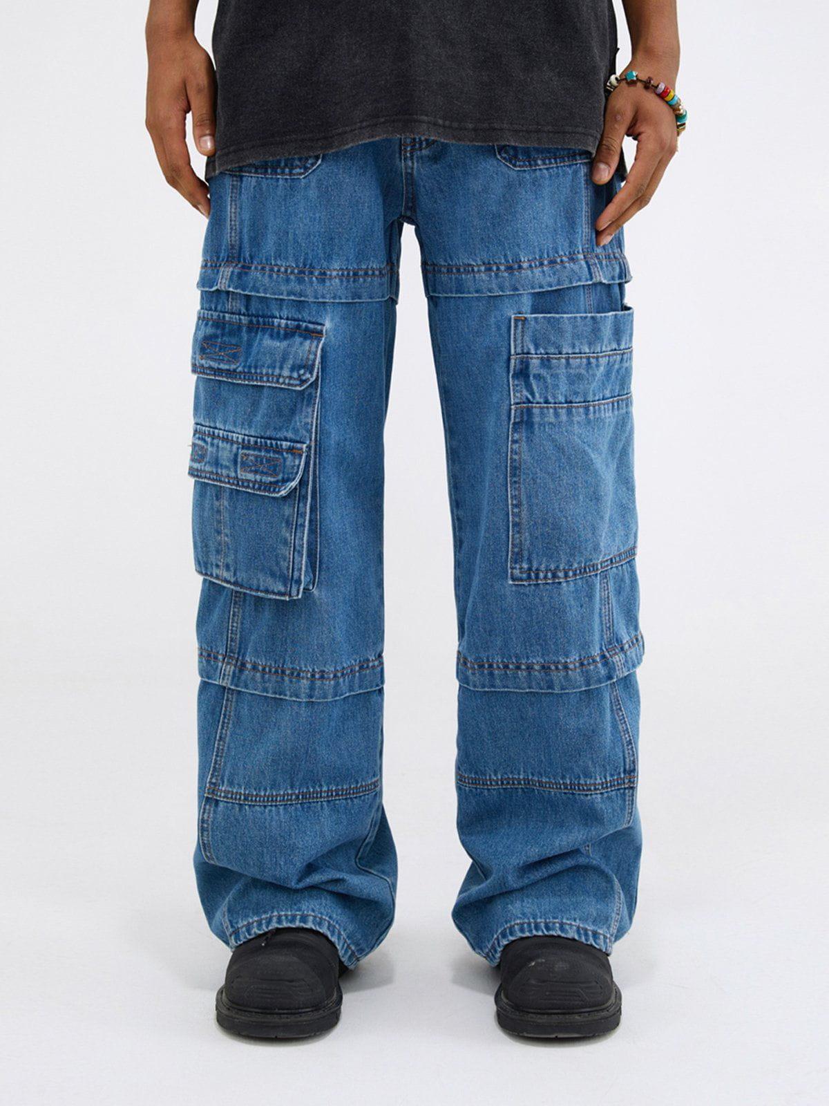 Multi Pocket Patchwork Straight-Leg Jeans
