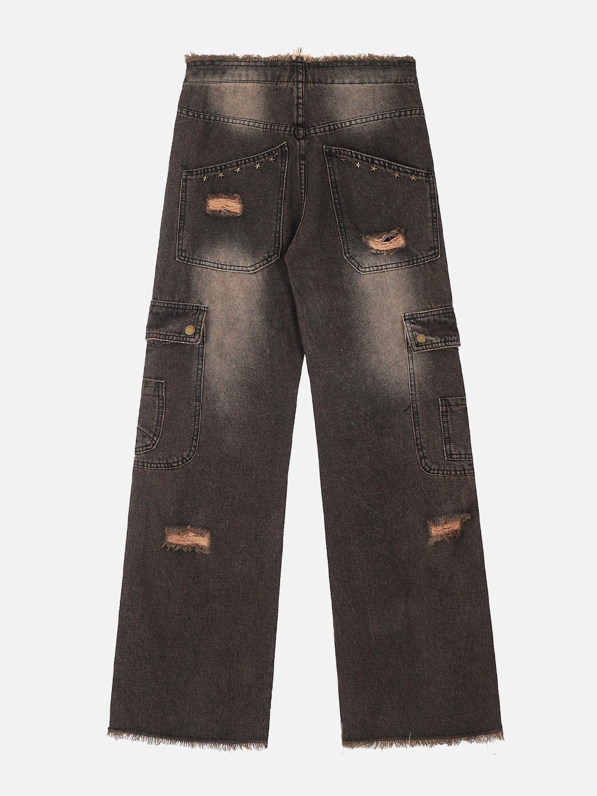 Multi-Pocket Ribbon Raw Edge Jeans