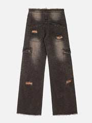 Multi-Pocket Ribbon Raw Edge Jeans