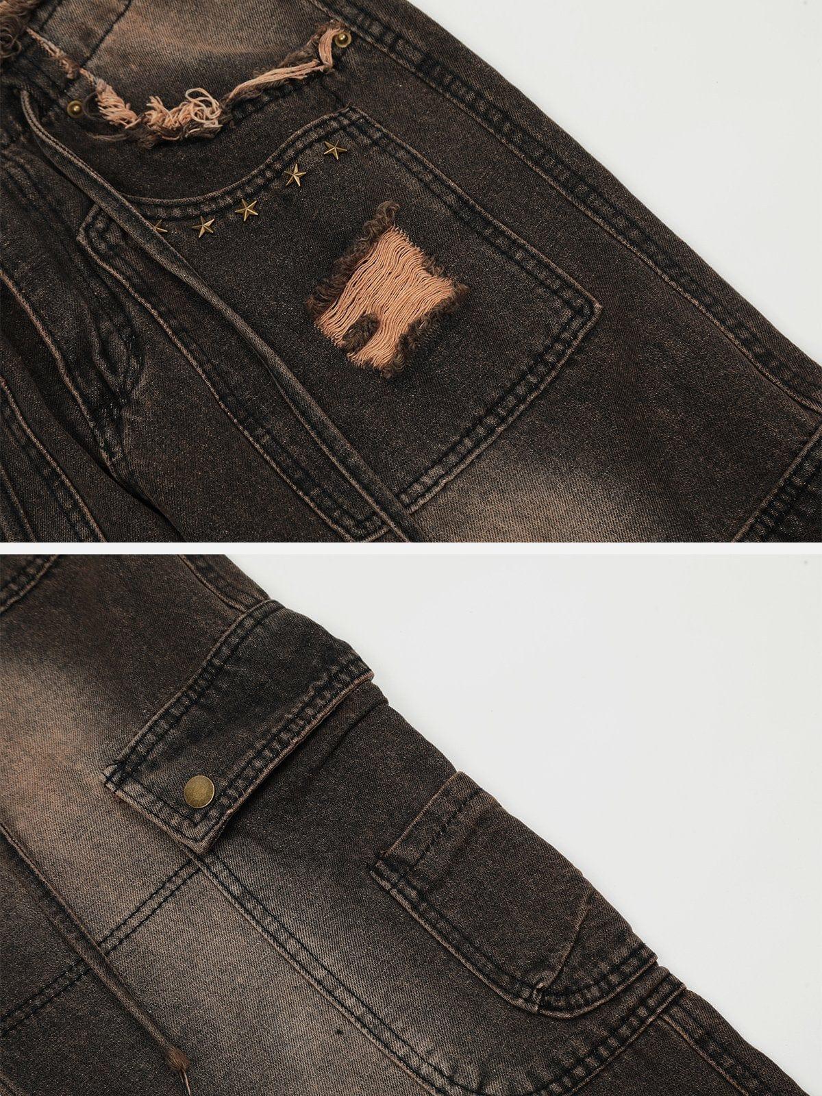 Multi-Pocket Ribbon Raw Edge Jeans