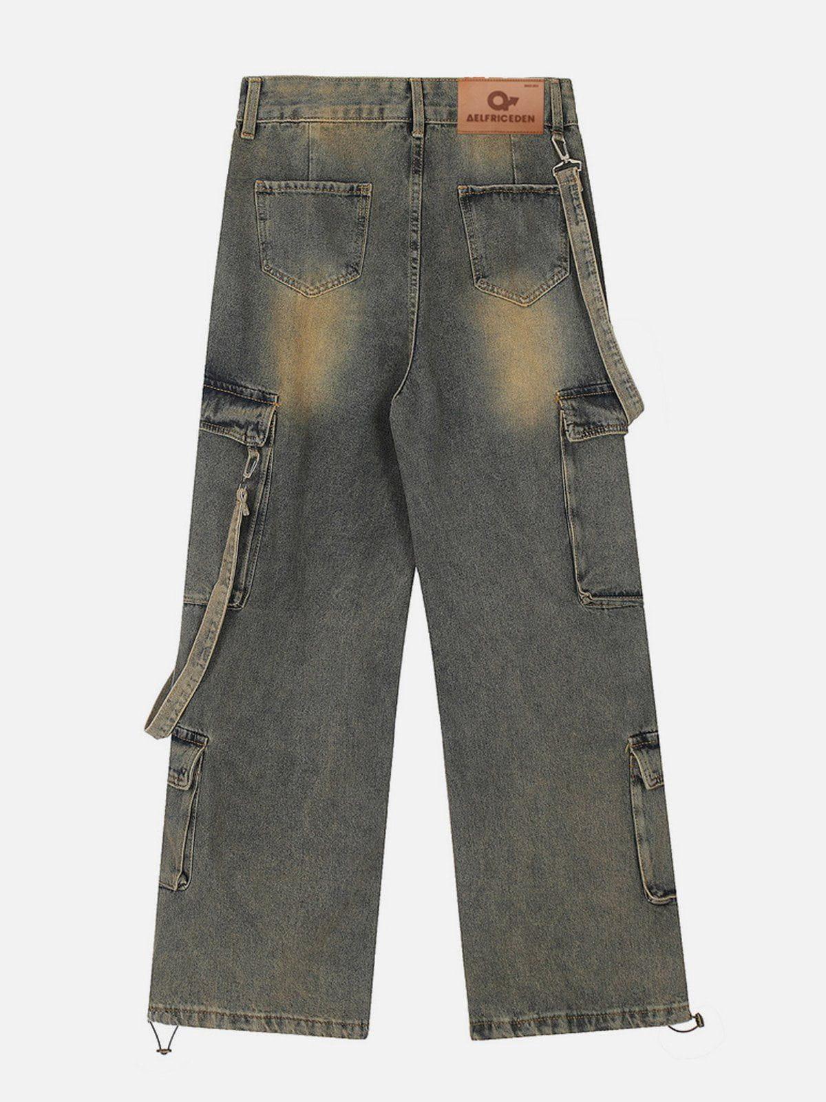 Multi Pocket Washed Loose Jeans