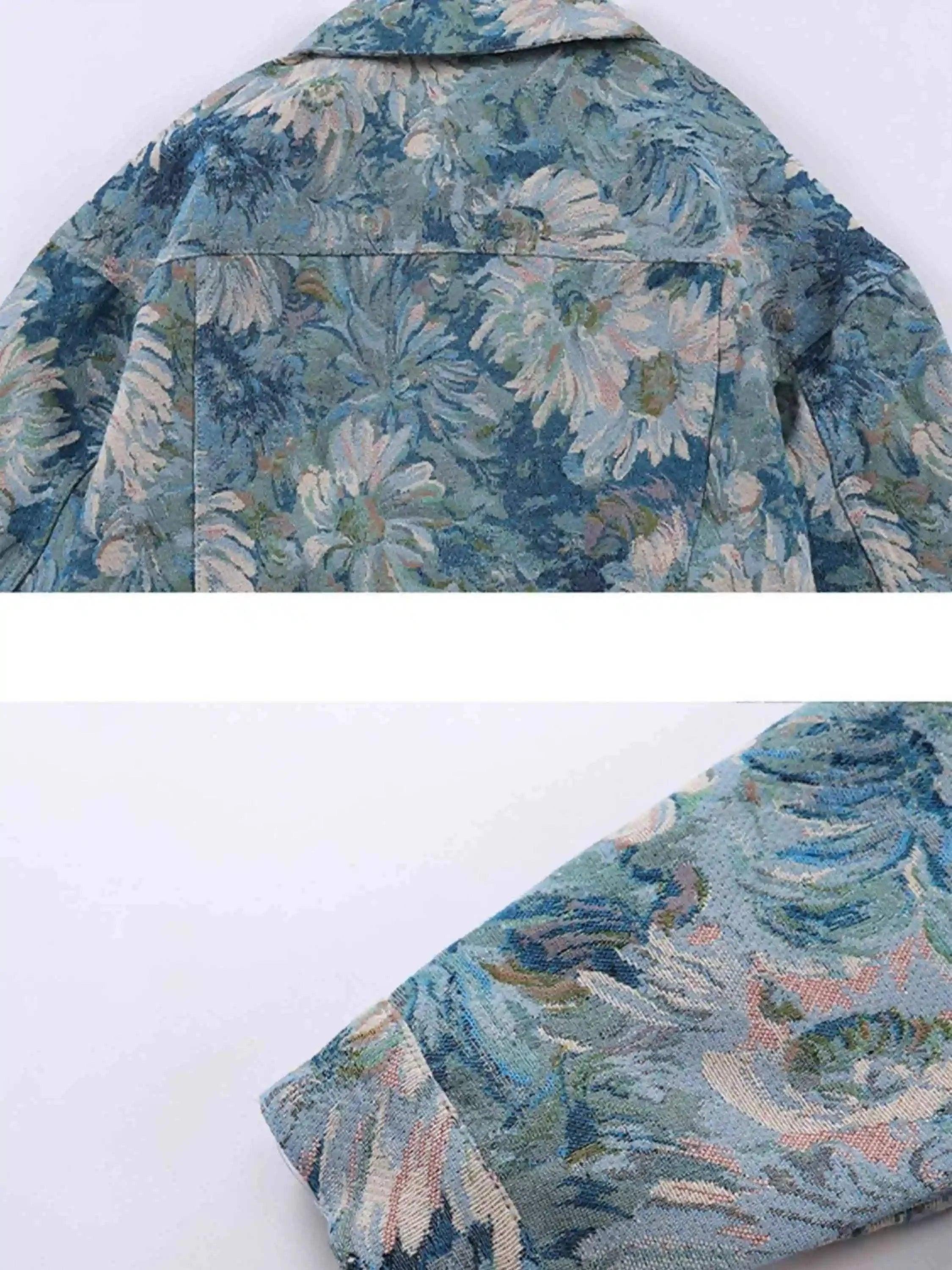 Oil Painting Jacquard Flower Denim Jacket