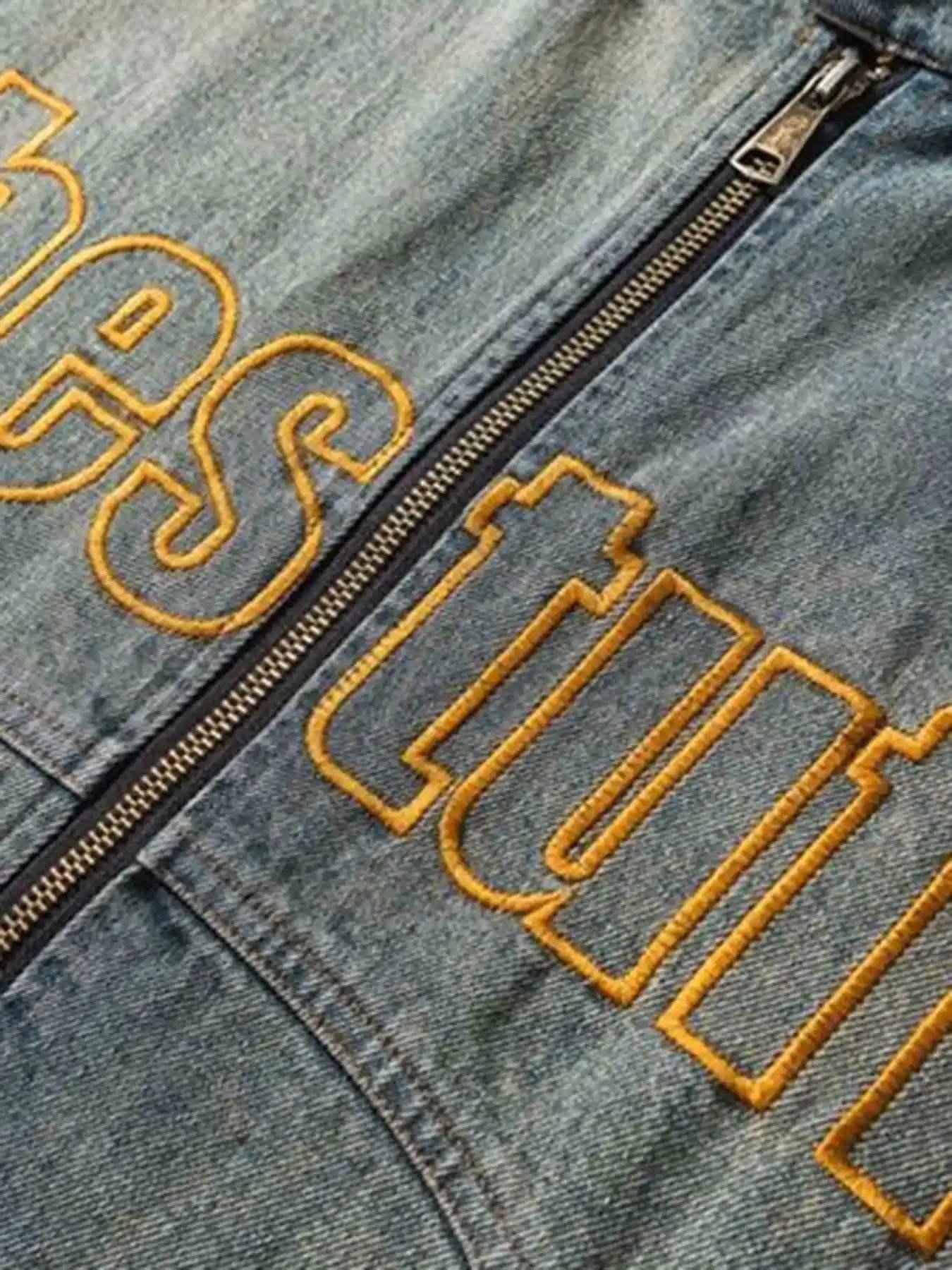 Oversized Hip-Hop Embroidered Patch Denim Jacket
