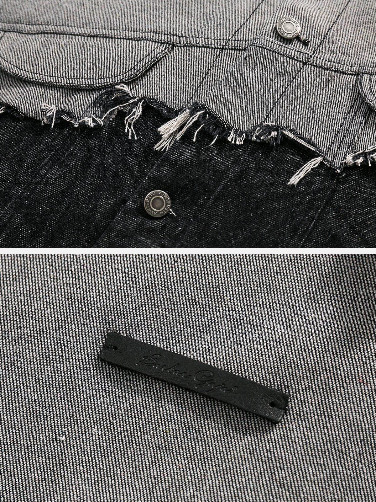 Paneled Color Contrast Ripped Denim Jacket