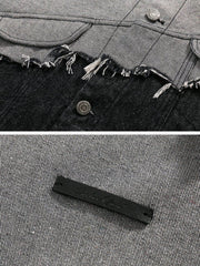 Paneled Color Contrast Ripped Denim Jacket