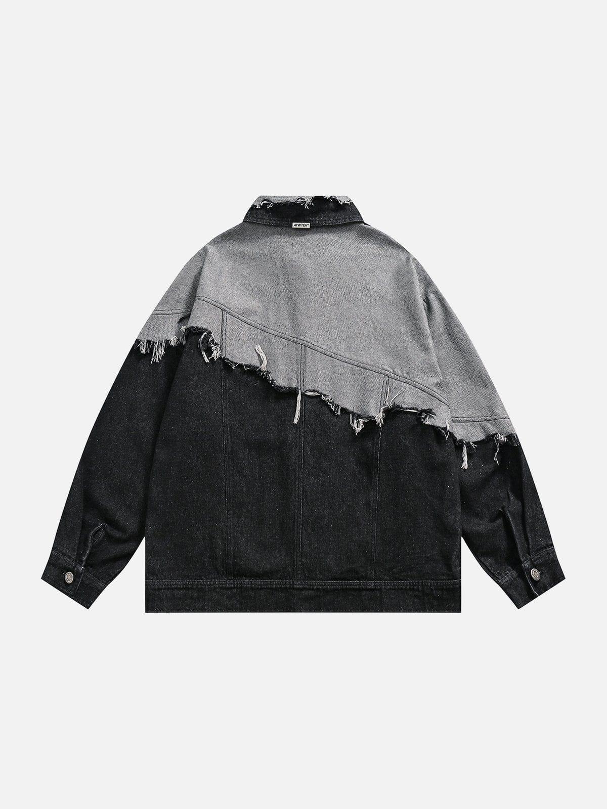 Paneled Color Contrast Ripped Denim Jacket