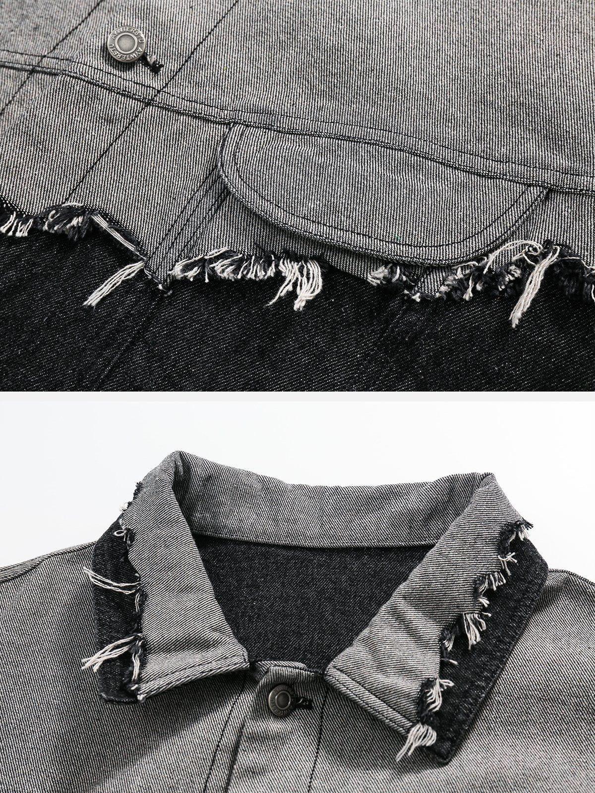 Paneled Color Contrast Ripped Denim Jacket