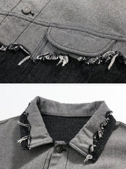 Paneled Color Contrast Ripped Denim Jacket