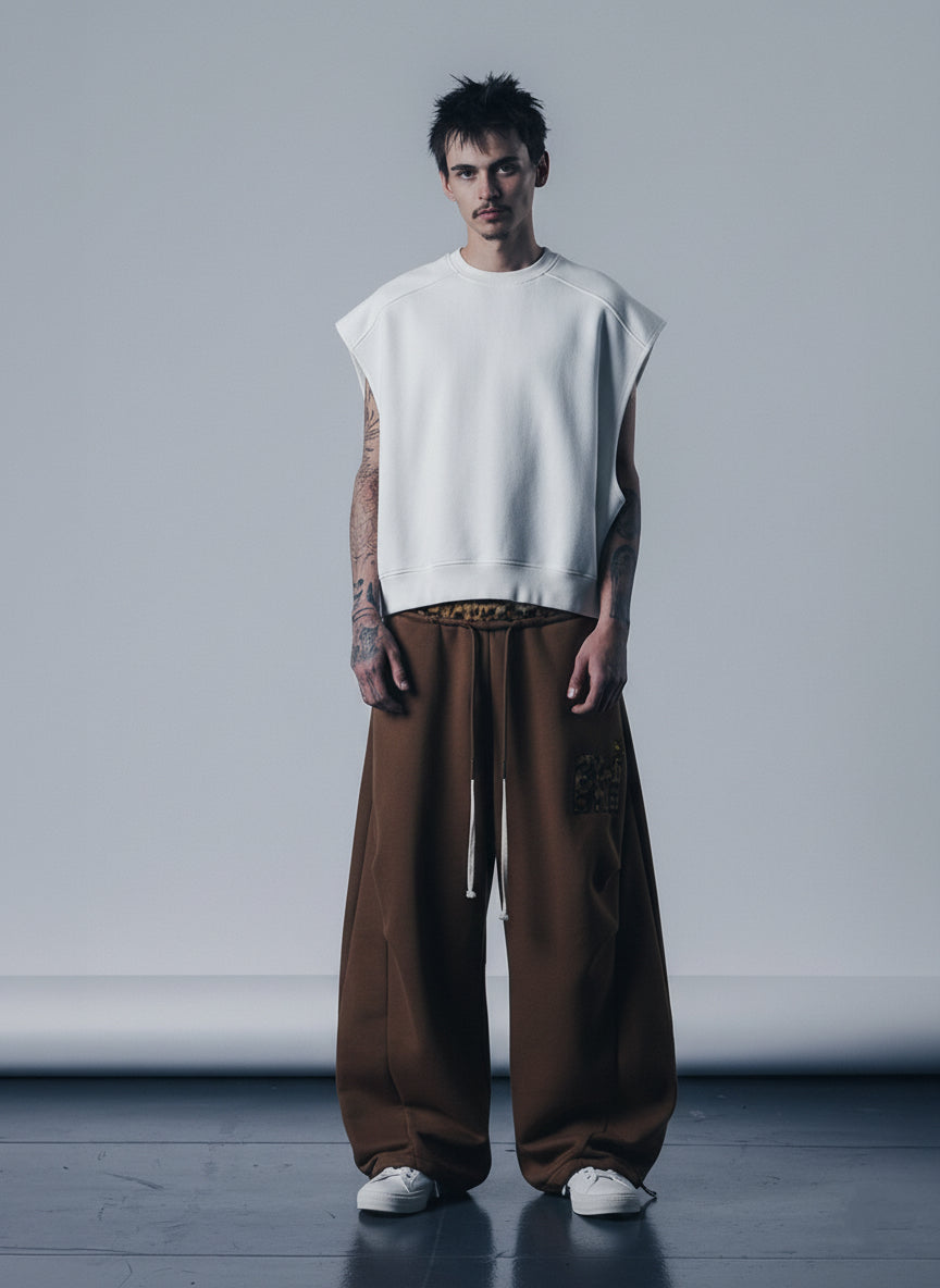 Retro Double-Waist Leopard Patch Barrel Pants