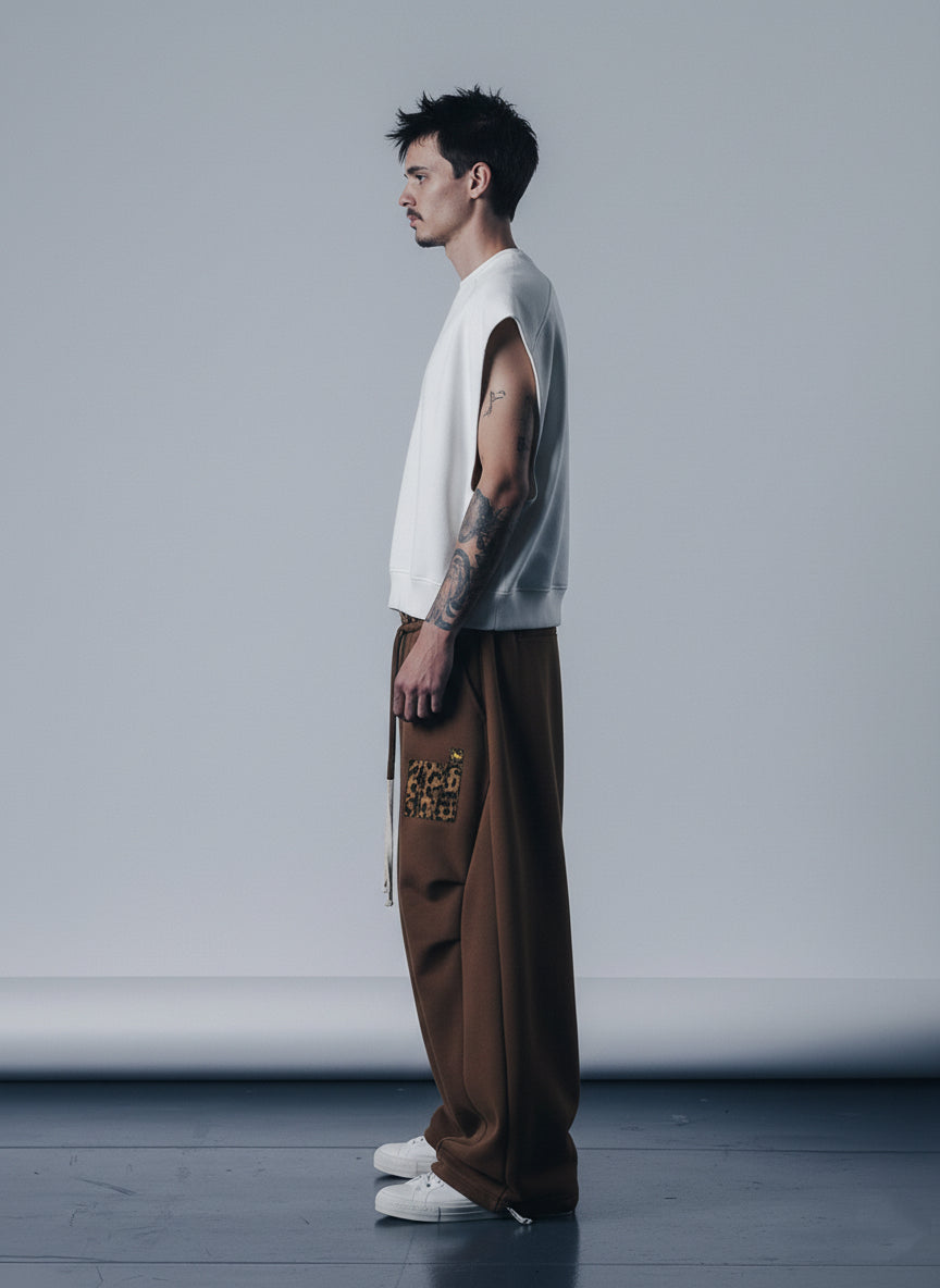 Retro Double-Waist Leopard Patch Barrel Pants