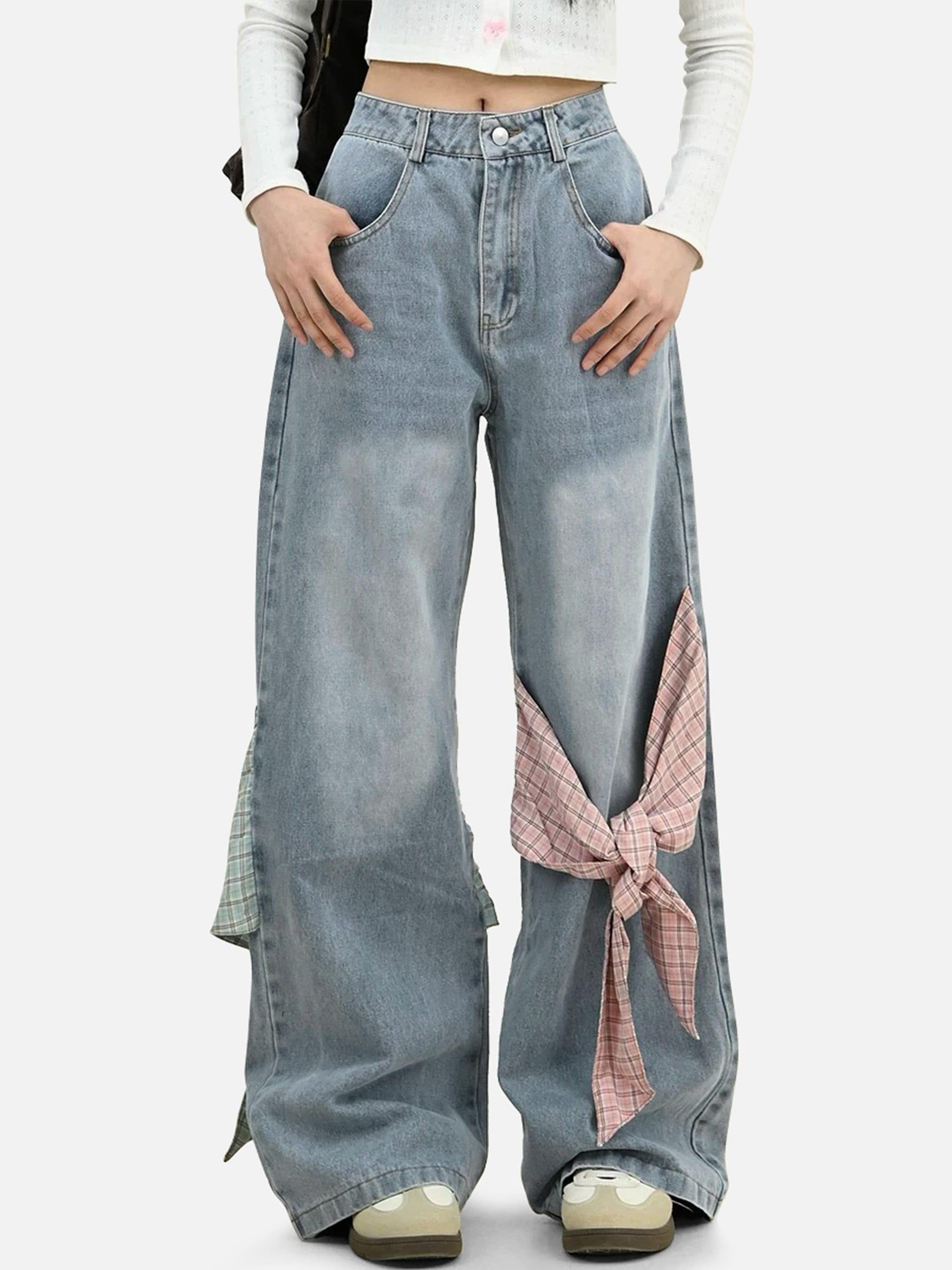 Plaid Bow Loose Jeans