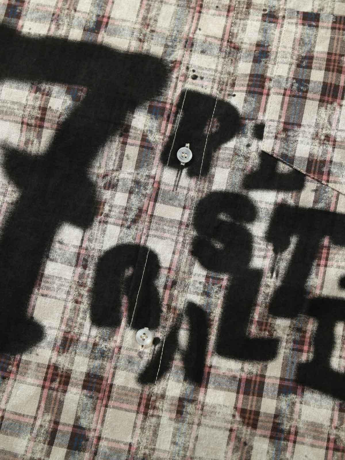 Plaid Graffiti Spray-Painted Letters Long Sleeve Shirt