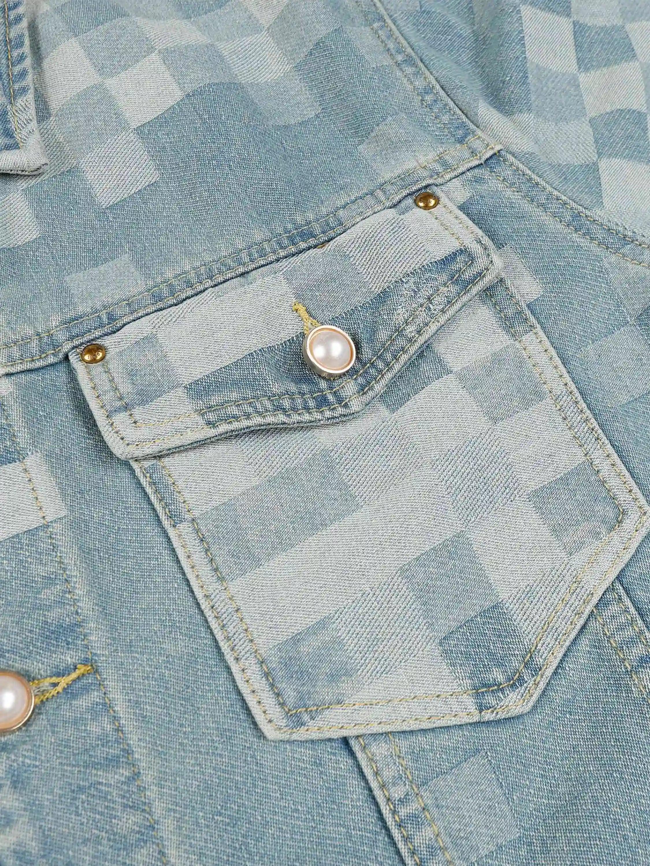 Plaid Pearl Button Denim Jacket