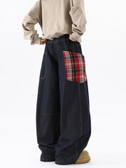 Plaid Pocket Barrel Loose Jeans