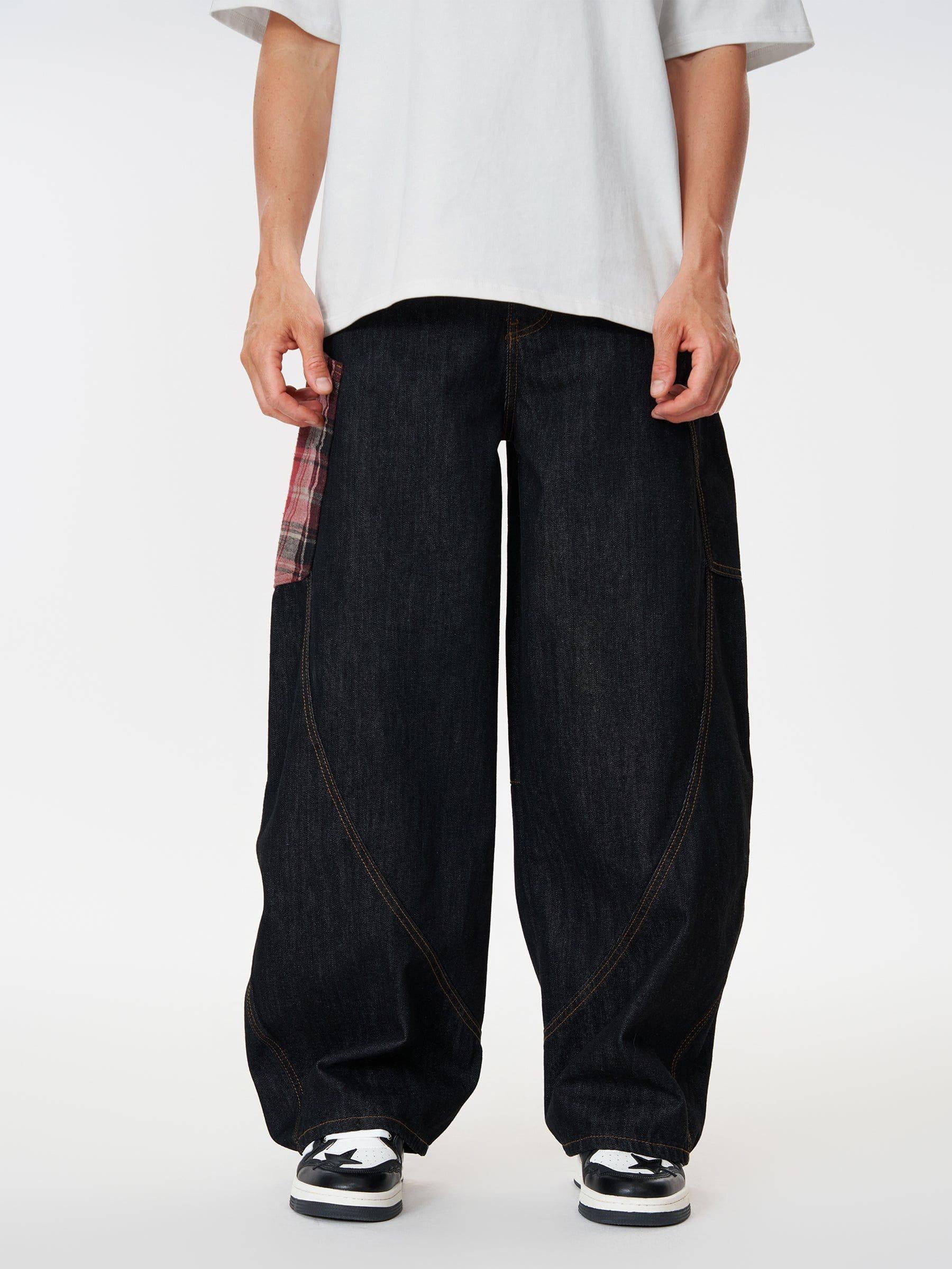 Plaid Pocket Barrel Loose Jeans
