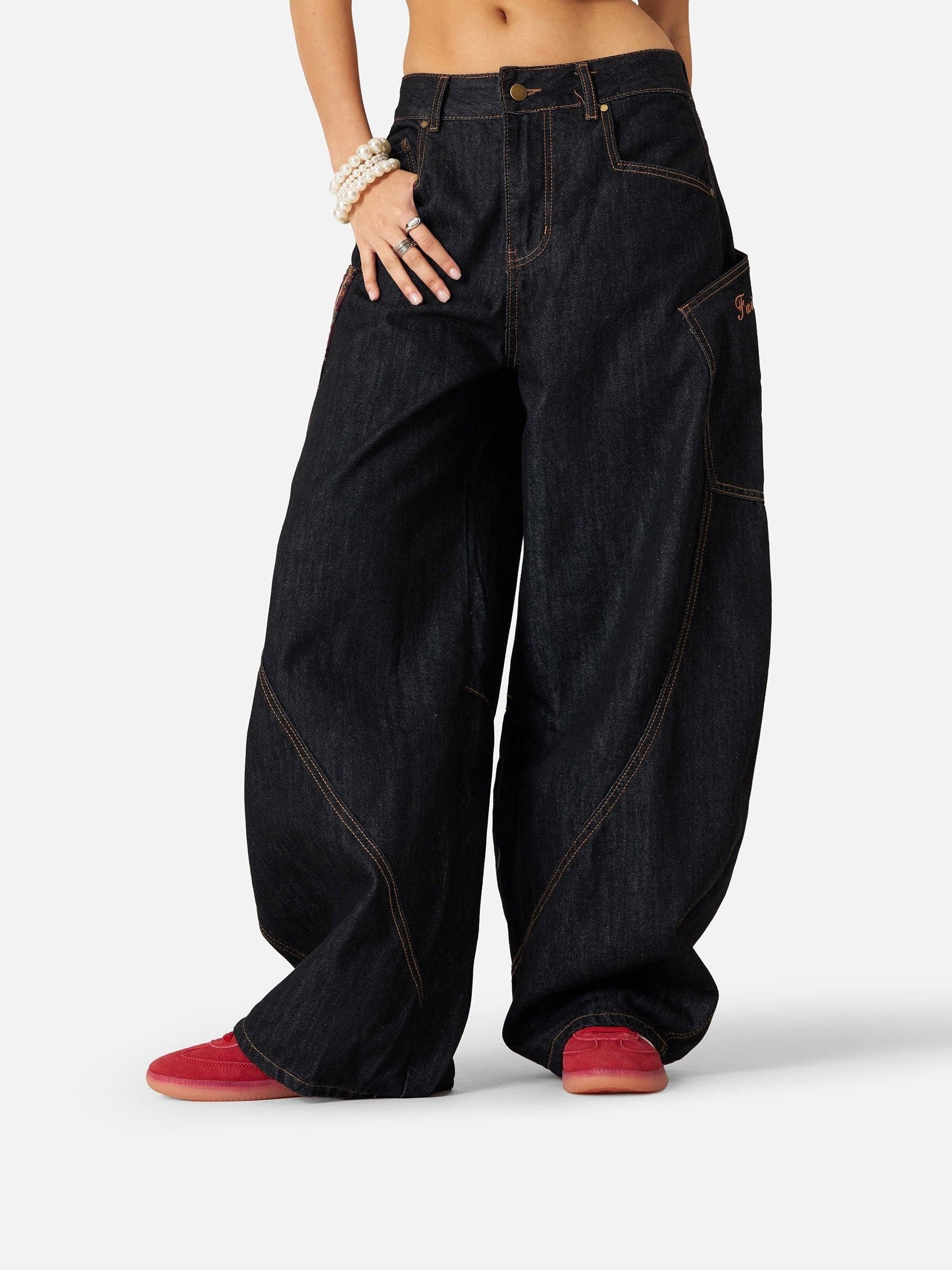 Plaid Pocket Barrel Loose Jeans
