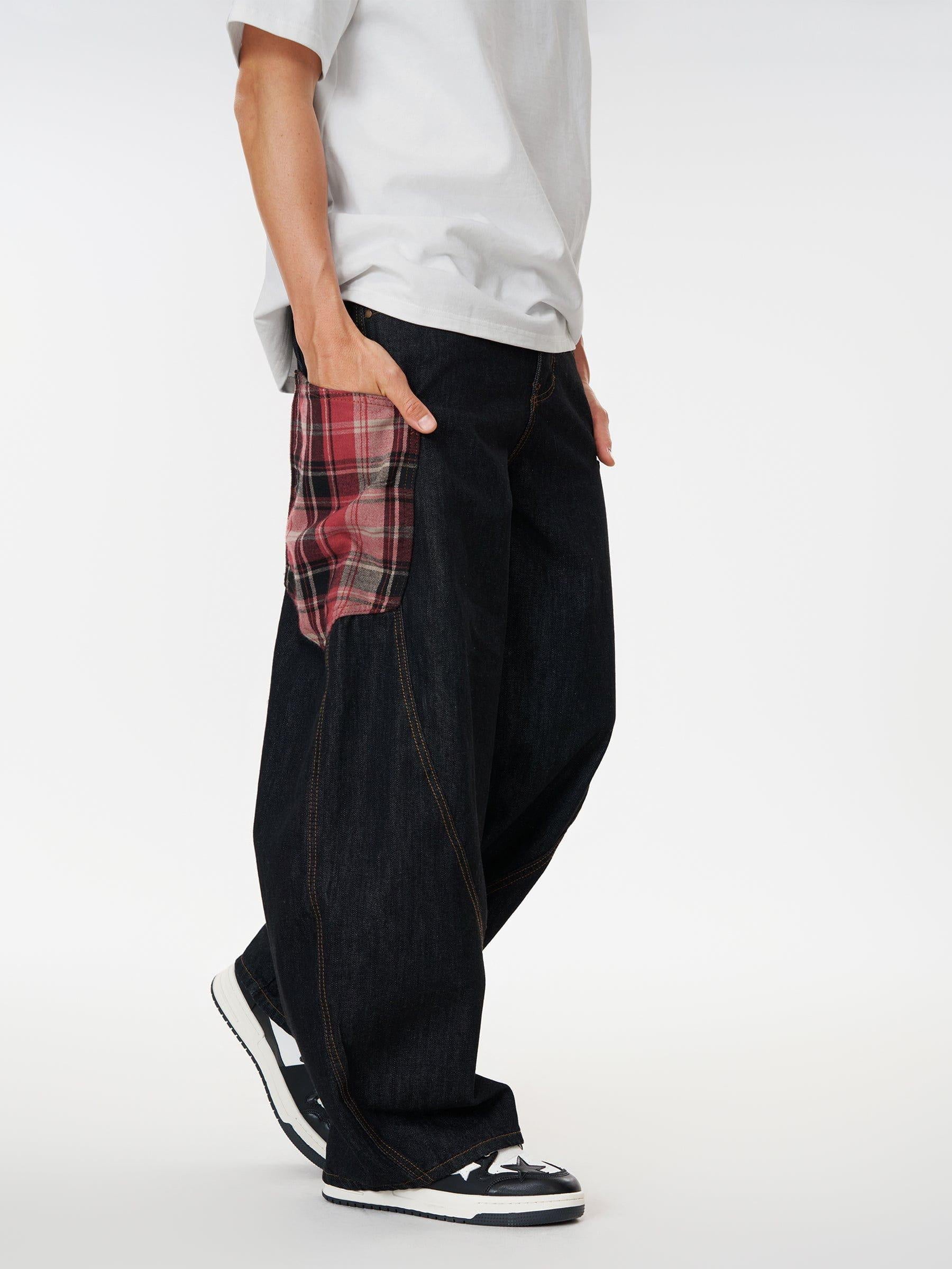 Plaid Pocket Barrel Loose Jeans