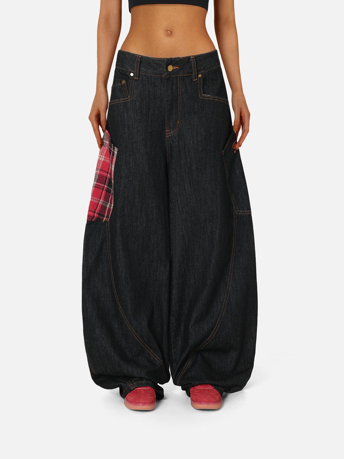 Plaid Pocket Barrel Loose Jeans