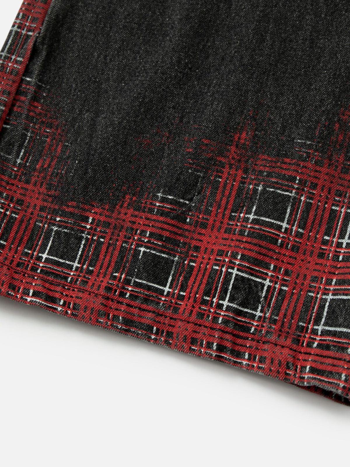 Plaid Washed Print Loose Jeans