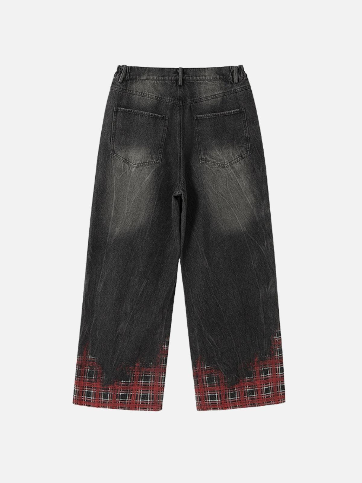 Plaid Washed Print Loose Jeans