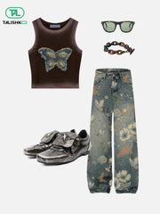 Plant Flower Print Jeans