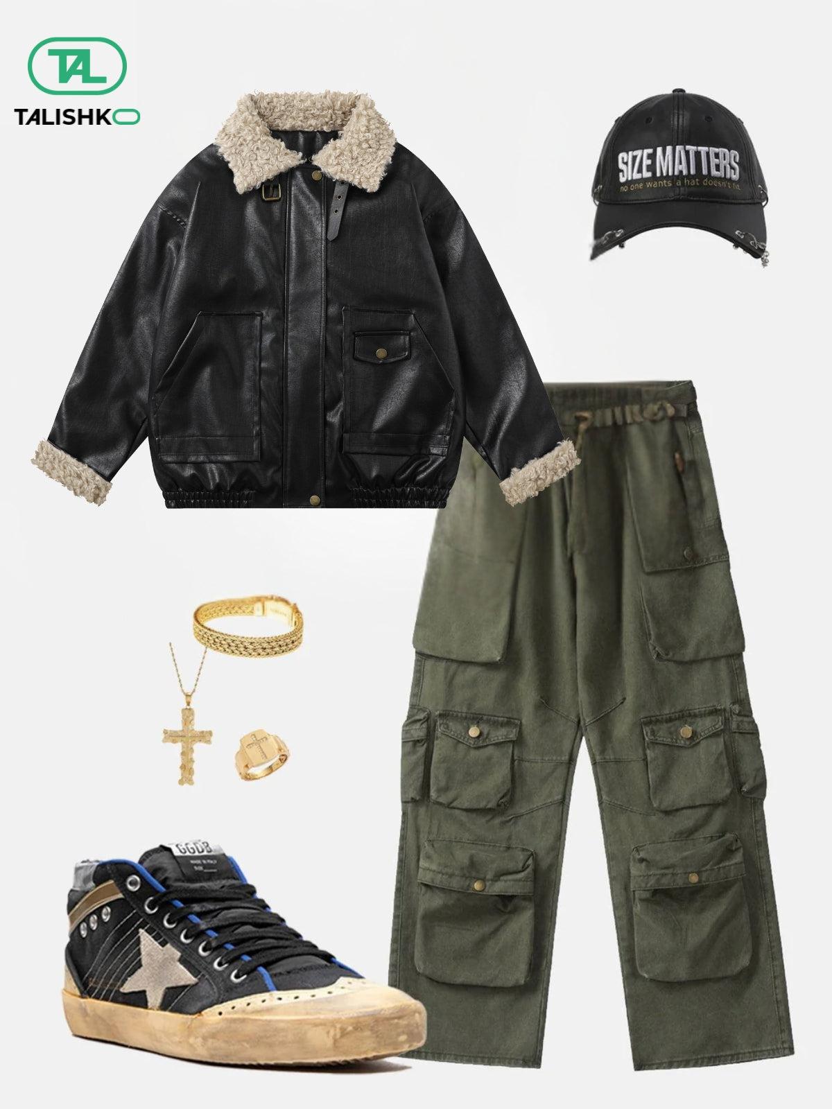 Plush Collar Faux Leather Jacket